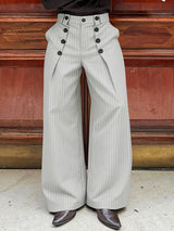 Men's Avant-Garde Pinstripe High-Waist Sailor Button Wide-Leg Pant SKUL63132