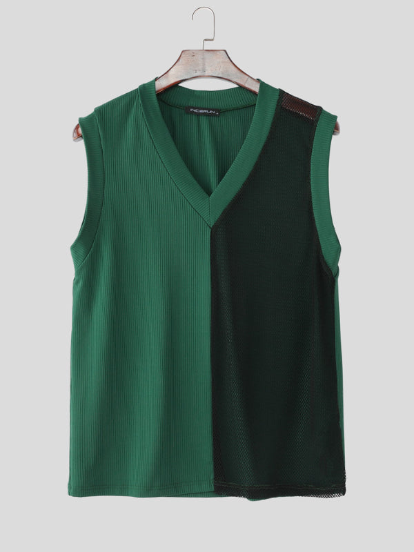 Mens Sheer Mesh Patchwork Contrast V-Neck Tank SKUL16759