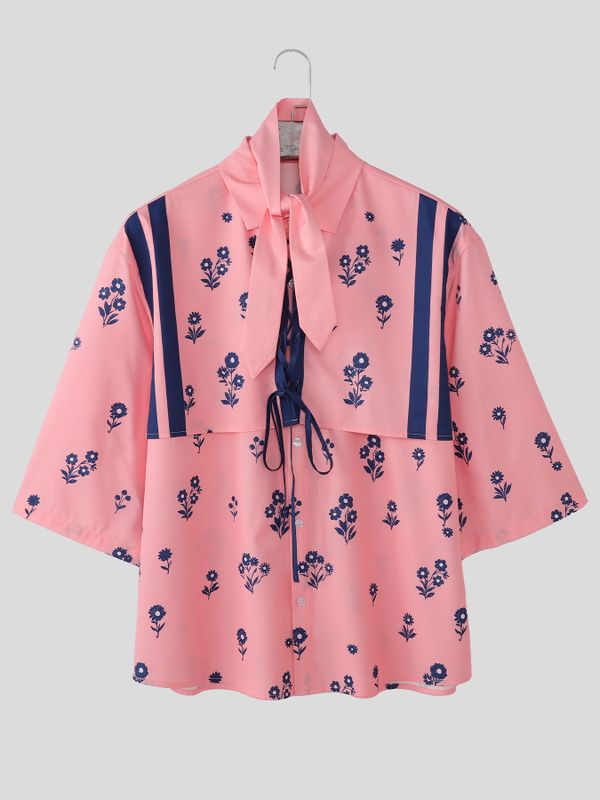 Men's Vintage Floral Print Lace-up Front Short Sleeve Scarf Shirt SKUL53038