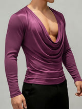 Men's Textured Patchwork Draped Neck Long Sleeve T-shirt SKUL52670