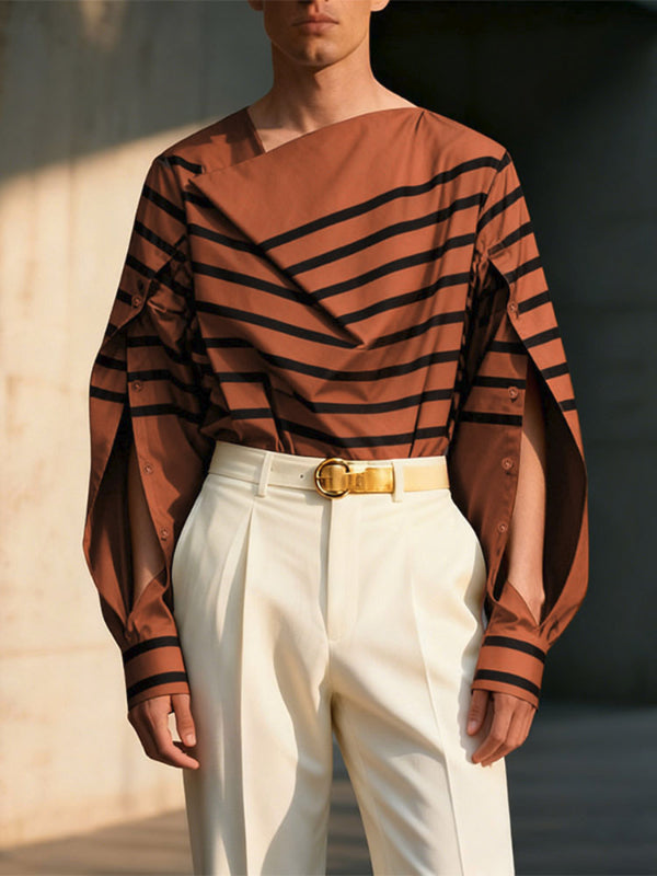 Men's Striped Print Off Shoulder Long Sleeve Shirt SKUL48583