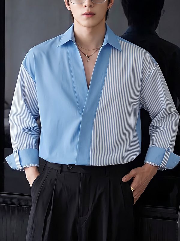 Men's High Street Urban Casual Asymmetrical Stripe Fold Cuff Long Sleeve Lapel Collar Shirt SKUL77516