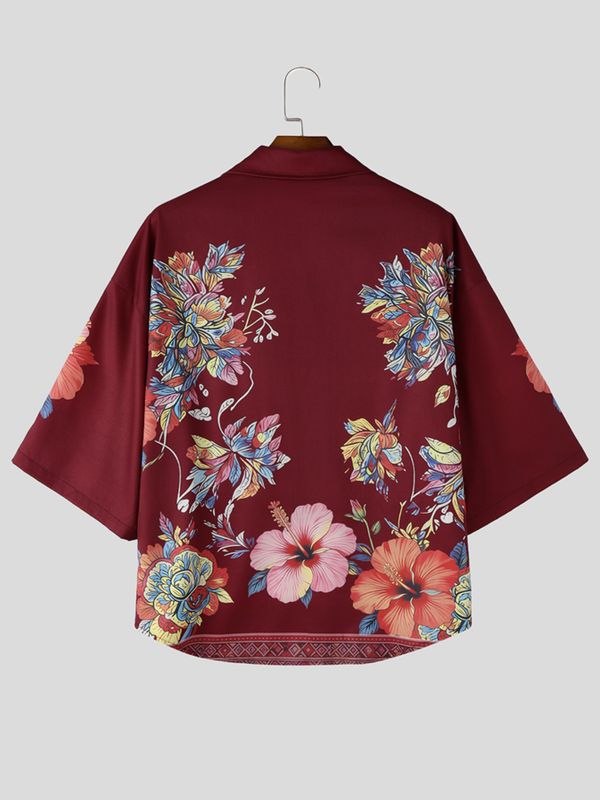 Men's Retro Hawaiian Aloha Aesthetic All-Over Floral Botanical Print Short Sleeve Shirt SKUL68401