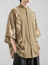 Men's Modern Neo-Chinese Batik Graphic Print Contrast Panel Drop Shoulder Short Sleeve Shirt SKUL73744