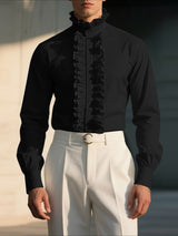 Men's Solid Color Ruffle Patchwork Long Sleeve Shirt SKUL42549