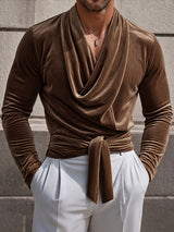 [Pre-order] Men's Victorian Vintage Evening Gala Velvet Cowl Neck Tie-Waist T-shirt SKUL88541