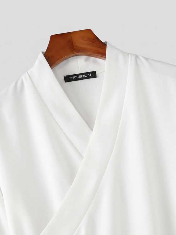 Men's Retro Resort Wave Embroidery Belted Wide Long Sleeve V-Neck Cardigan SKUL78345