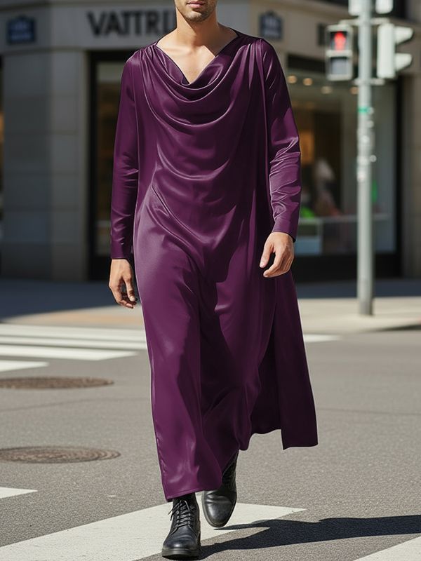 Men's Satin Slouchy Draped Neck Long Sleeve T-Shirt SKUL36366