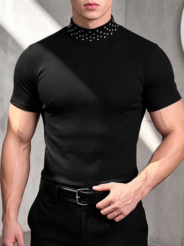 Men's Clean Fit Cocktail Party Fine Ribbed High Stretch Crystal Detail Fitted Short Sleeve Mock Neck T-shirt SKUL83260