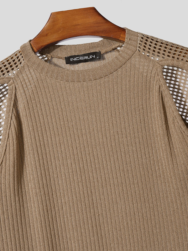 Men's Grid Mesh Patchwork Knit Short Sleeve T-Shirt SKUL22773