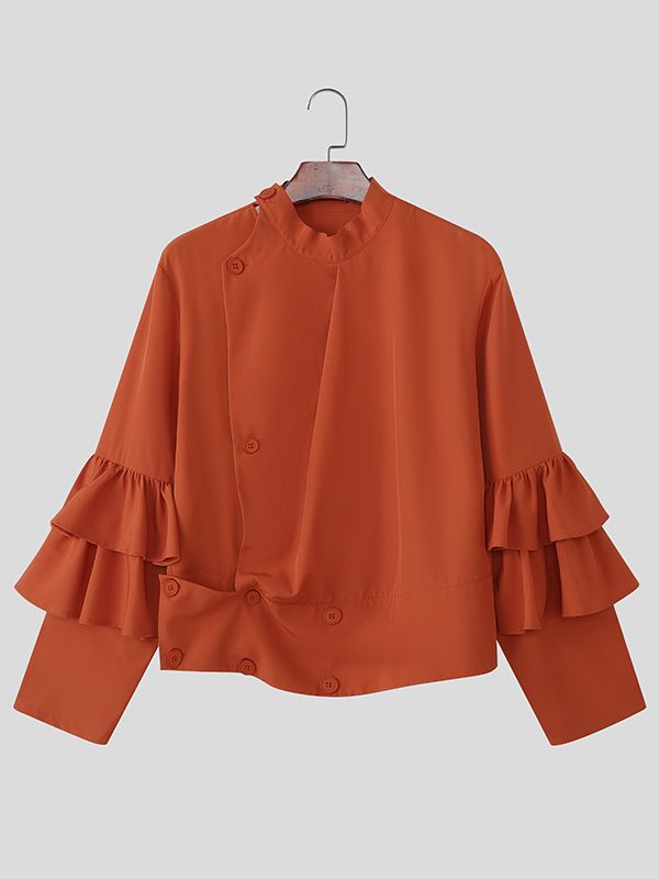 Men's Solid Drape Ruffled Patchwork Long Sleeve Shirt SKUL38916