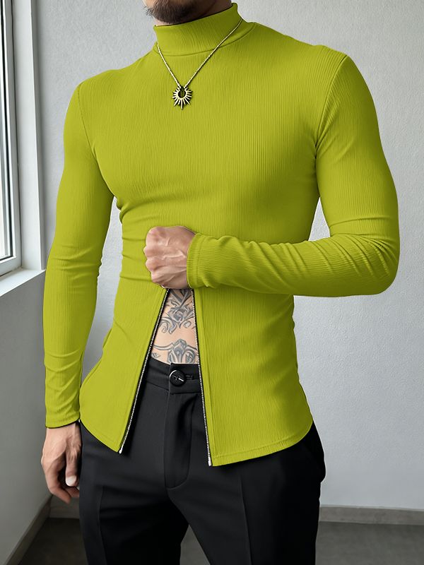 Men's Textured Half Zip High Neck Long Sleeve T Shirt SKUL37307