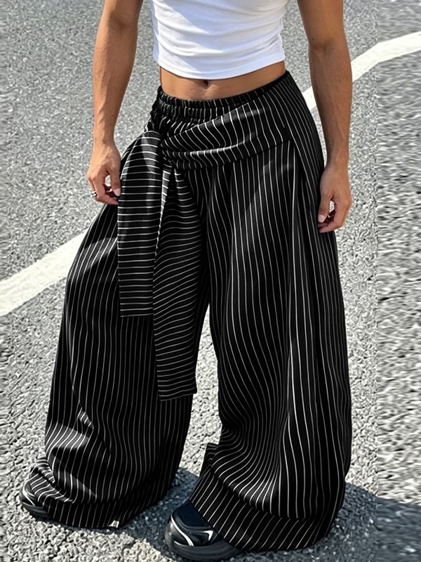 Men's Avant-Garde Asymmetric Wrapped Tie-Waist Pinstripe Oversized Wide-Leg Baggy Pant SKUL70237