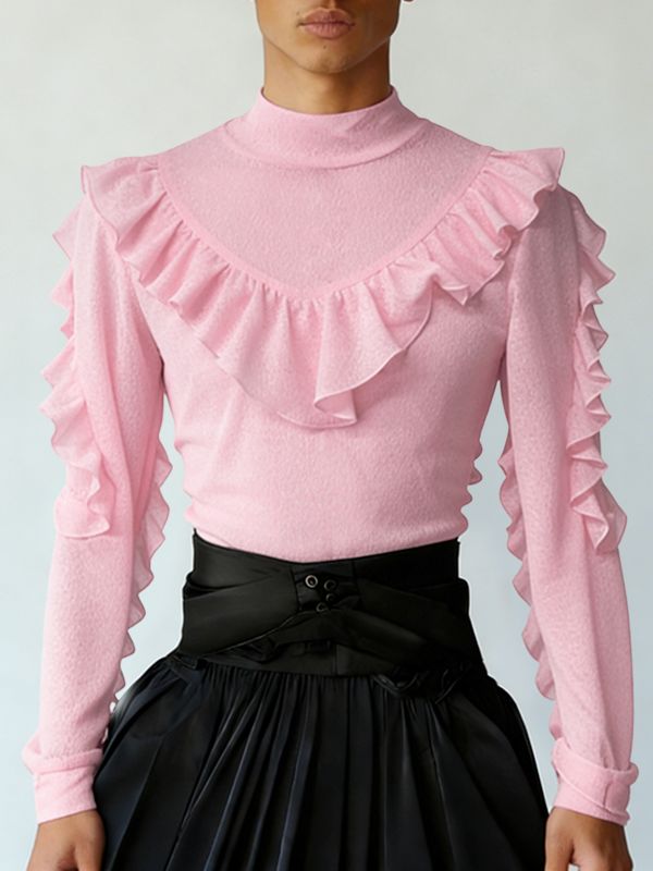 Men's Solid Color Ruffle Bib Long Sleeve T-shirt SKUL46244