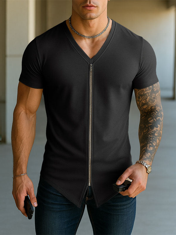 Mens Solid Color Knit Zip Short Sleeve T-Shirt SKUL15007