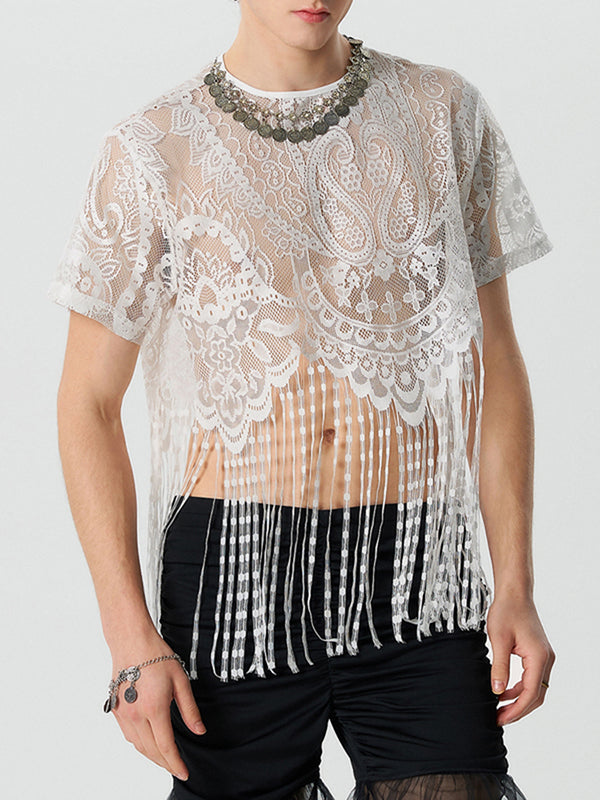 Mens Fringe Lace See Through Crop Top SKUK54943