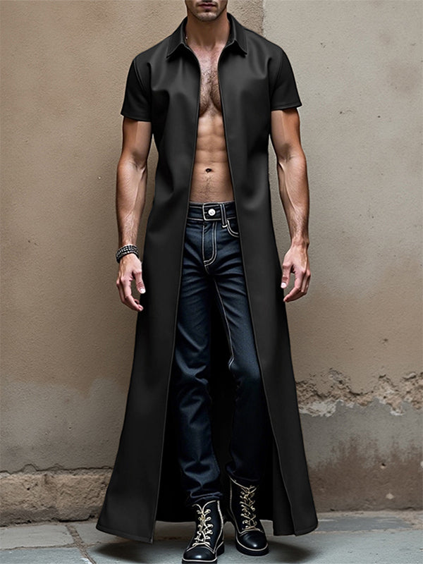 Men's Solid Faux Leather Lapel Short Sleeve Cardigan SKUL26034