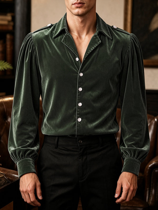 Men's Retro Cocktail Party Lustrous Velvet Puff Sleeve Shoulder Epaulet Long Sleeve Lapel Collar Shirt SKUL80562