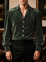 Men's Retro Cocktail Party Lustrous Velvet Puff Sleeve Shoulder Epaulet Long Sleeve Lapel Collar Shirt SKUL80562