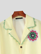 Men's Avant-Garde Crochet Floral Patchwork Scalloped Trim Cropped Camp Collar Shirt SKUL50754