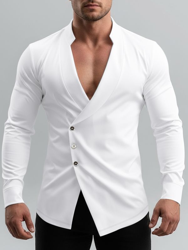 Men's Minimalist Asymmetrical Placket Deep V Neck Long Sleeve Shirt SKUL46281