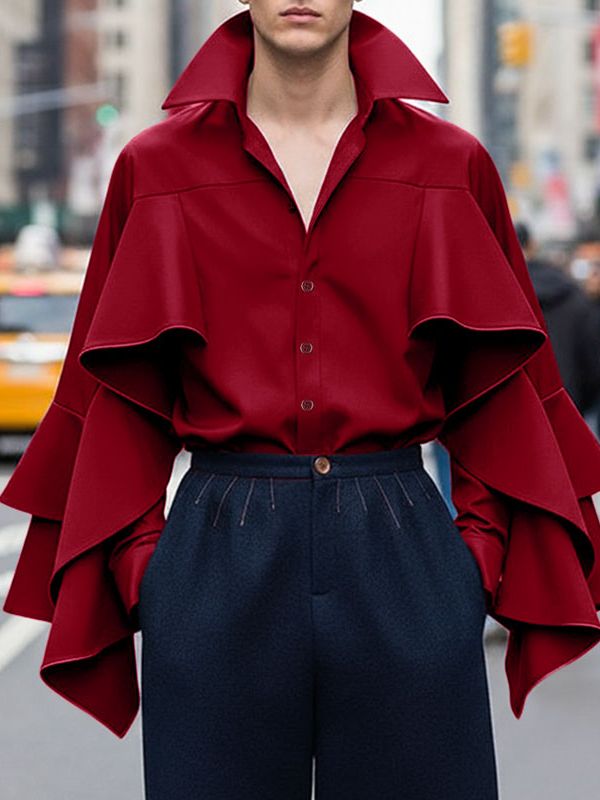 Men's Solid Color Ruffle Patchwork Long Sleeve Shirt SKUL42364