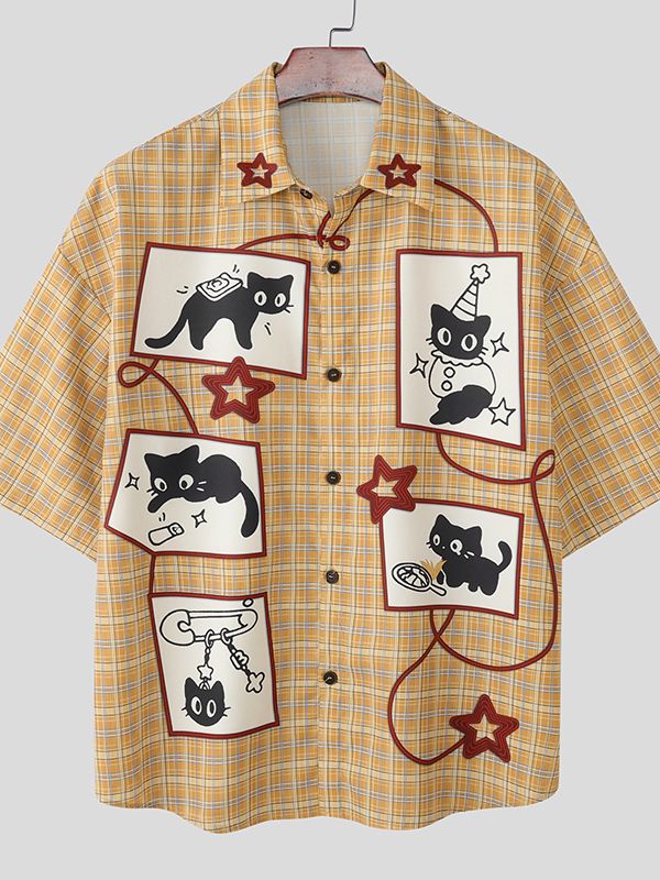 Men's Cartoon Print Plaid Short Sleeve Shirt SKUL45988