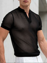 Men's Hollow Sheer Stand Collar Short Sleeve Shirt SKUL58825