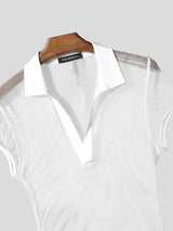 Men's Avant-Garde Deep V-Neck Full Mesh Polo Shirt SKUL63649