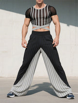 Men's Striped Sheer Mesh Cropped Two Pieces Outfit SKUL23456
