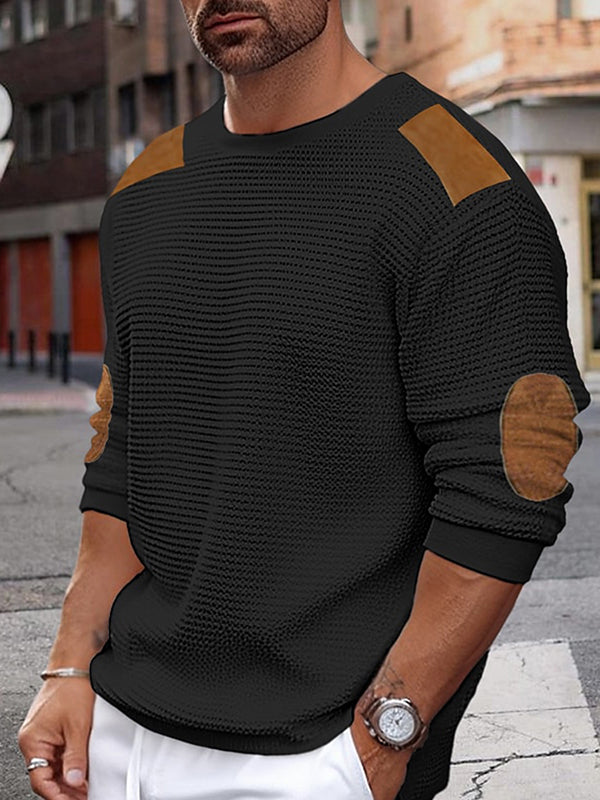 Mens Patched Patchwork Crew Neck Pullover Sweater SKUK41410