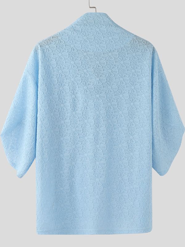 Men's Sheer Lace Draped Collar Long Sleeve T-Shirt SKUL37581