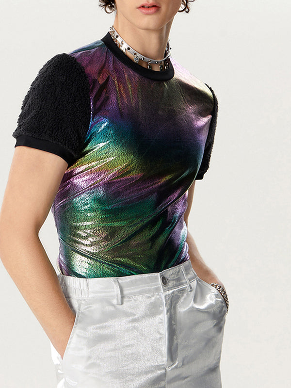 Mens Glitter Ombre Fleece Patchwork T-Shirt SKUK48483