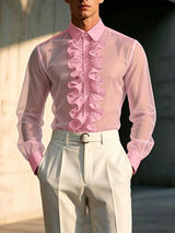 Men's Avant-Garde Romantic Sheer Mesh Ruffled Front Button-Down Shirt SKUL63169