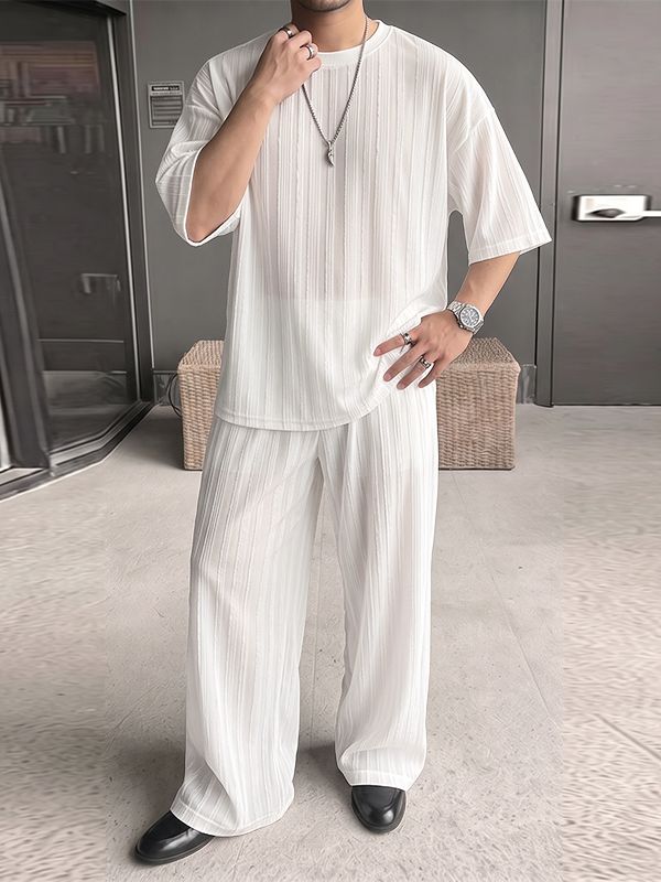 Men's Minimalist Sheer Vertical Pleated Oversized Two Pieces Outfit SKUL75709
