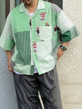 Men's Bear Print Striped Short Sleeve Shirt SKUL47706