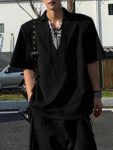 Men's Striped Eyelet Drawstring Half Sleeve Shirt SKUL50015