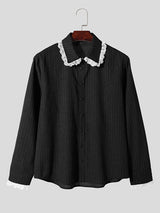 Mens Lace Patchwork Striped Long-Sleeve Shirt SKUK81734