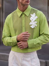 Men's Avant-Garde Sheer Mesh Panel 3D Floral Applique Cropped Shirt SKUL75674