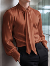 [Pre-order] Men's Victorian Romantic Evening Gala Lavalliere Tie Neck Silk Satin Bishop Sleeve Shirt SKUL89018