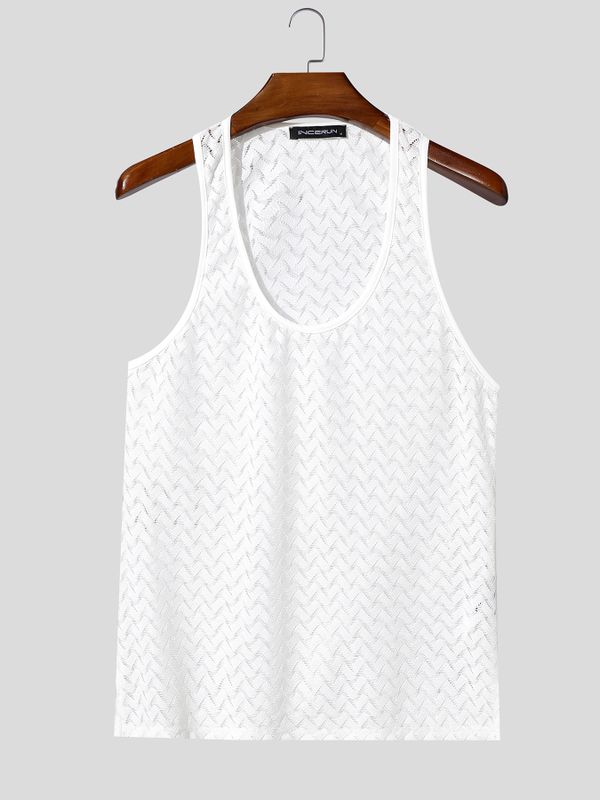 Men's Avant-Garde Retro Geometric Open-Knit Pointelle Fitted Muscle Tank SKUL72721