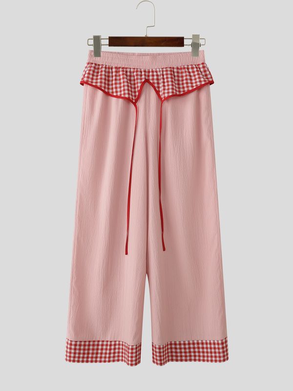 Men's Avant-Garde Gingham Patchwork V-Waist Wide-Leg Pant SKUL62083