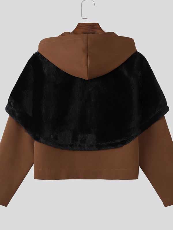 Men's Faux Fur Patchwork Hooded Long Sleeve Jacket SKUL42266