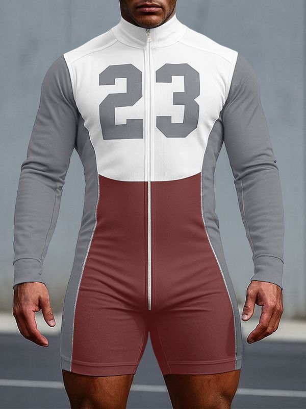Men's Number Print Zip Long Sleeve Bodysuit SKUL31985