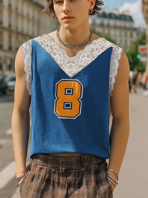 Men's Lace Patchwork Number Print Tank SKUL20288