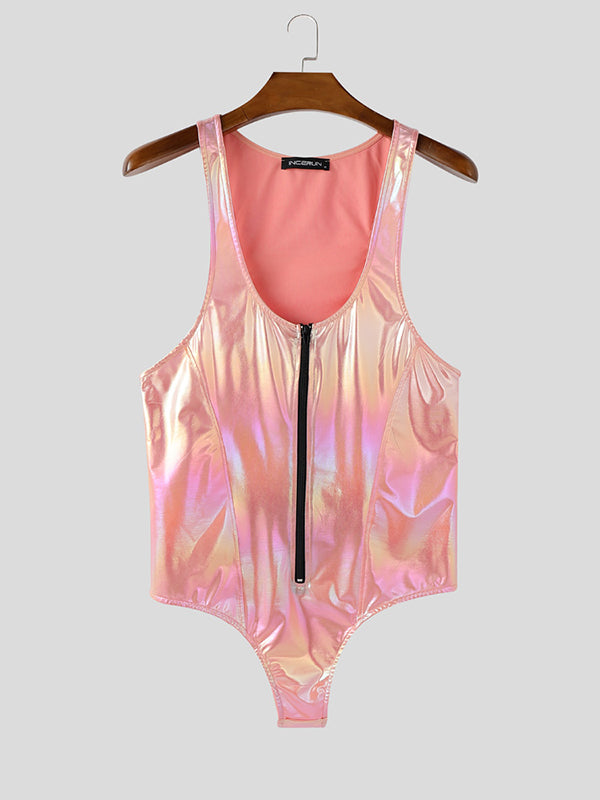 Mens Shiny Zipper Sleeveless Bodysuit SKUL12749