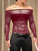 Men's Sheer Mesh Off Shoulder Long Sleeve T-shirt SKUL39977