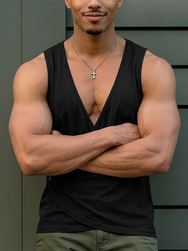 Men's Avant-Garde Asymmetric Wrap Deep V-Neck Muscle Tank SKUL68369