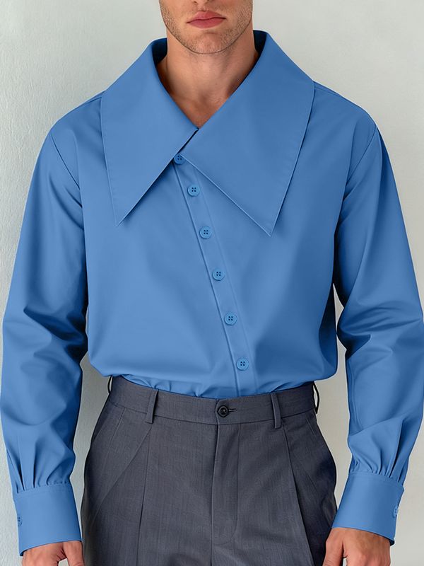 Men's Solid Color Asymmetrical Lapel Long Sleeve Shirt SKUL45983