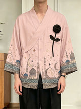 Men's Starry Moon Mosque Print 3D Rose Patch Loose Half-Sleeve Shirt SKUL61927